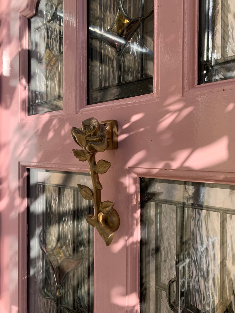 Rose shaped brass door knocker fixed on to a front door that is painted pink
